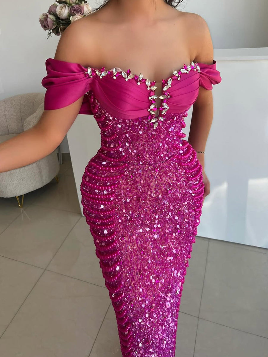 Pearl Chain Sequined Bandage Evening Dress