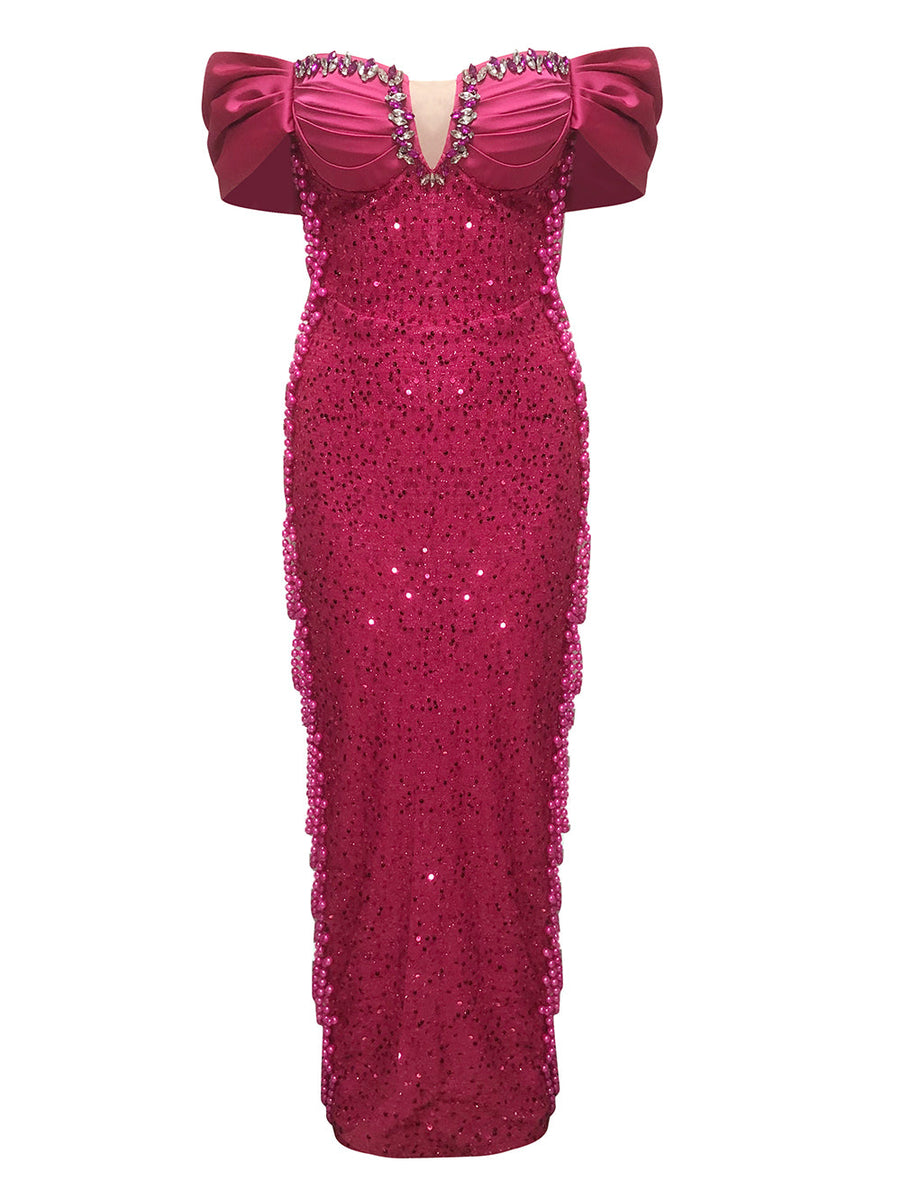 Pearl Chain Sequined Bandage Evening Dress
