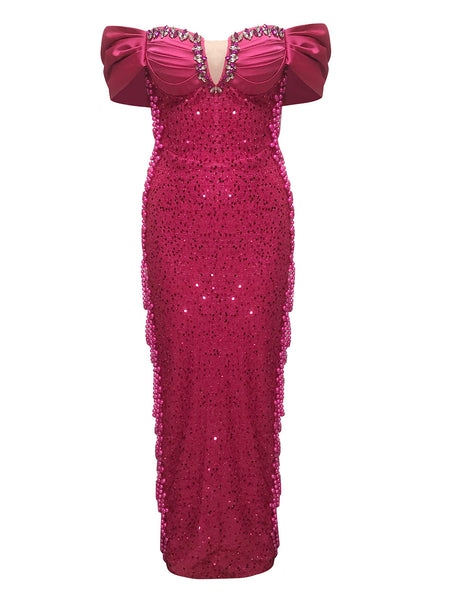 Pearl Chain Sequined Bandage Evening Dress