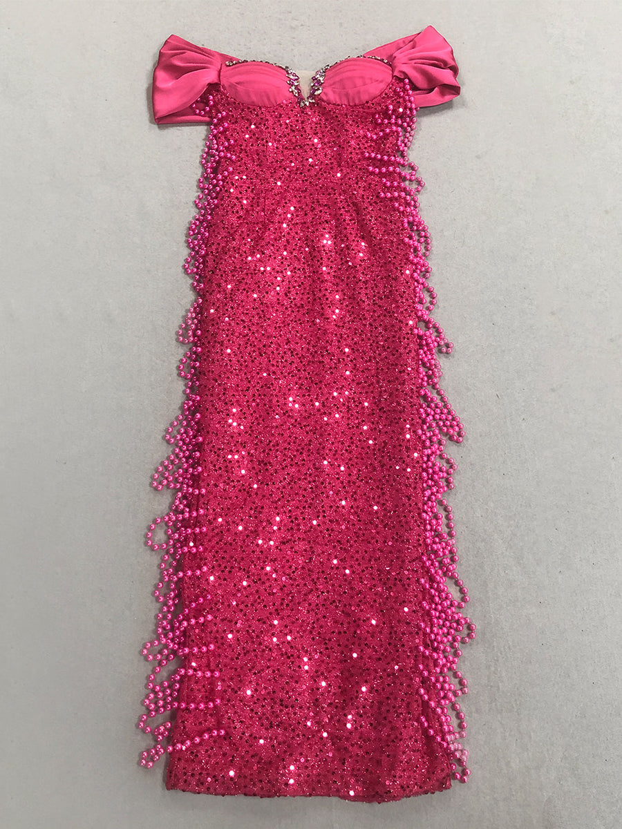 Pearl Chain Sequined Bandage Evening Dress