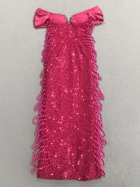 Pearl Chain Sequined Bandage Evening Dress