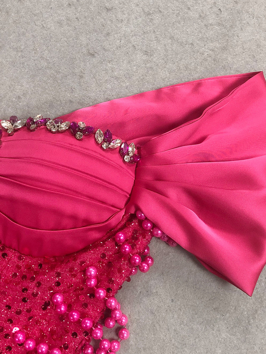 Pearl Chain Sequined Bandage Evening Dress
