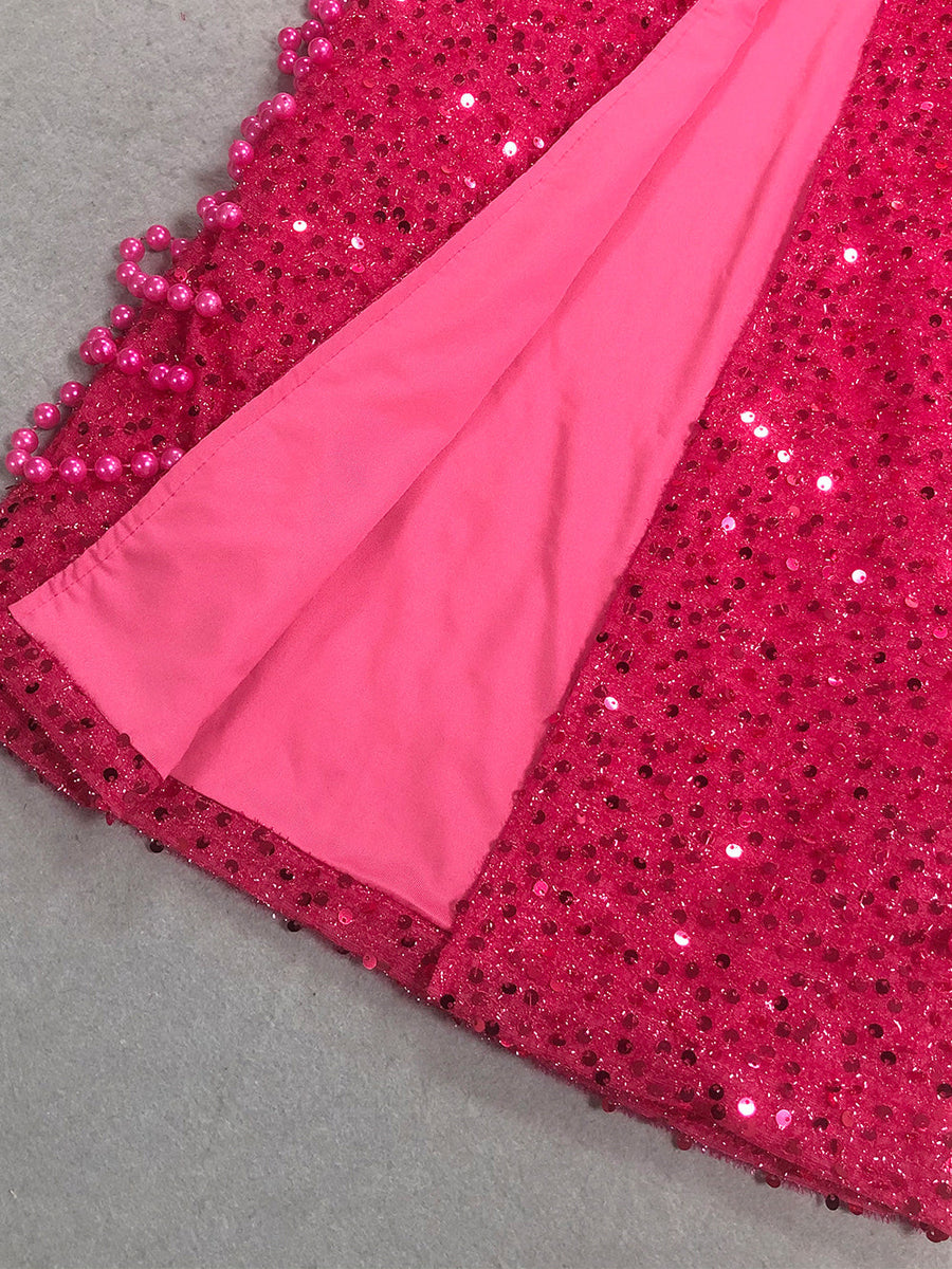 Pearl Chain Sequined Bandage Evening Dress
