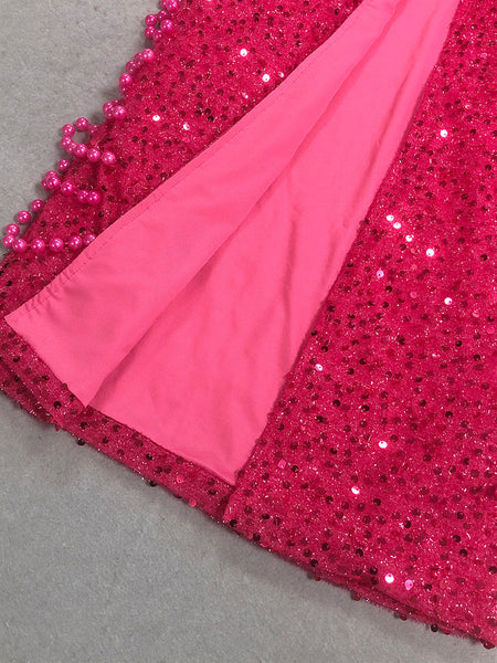 Pearl Chain Sequined Bandage Evening Dress