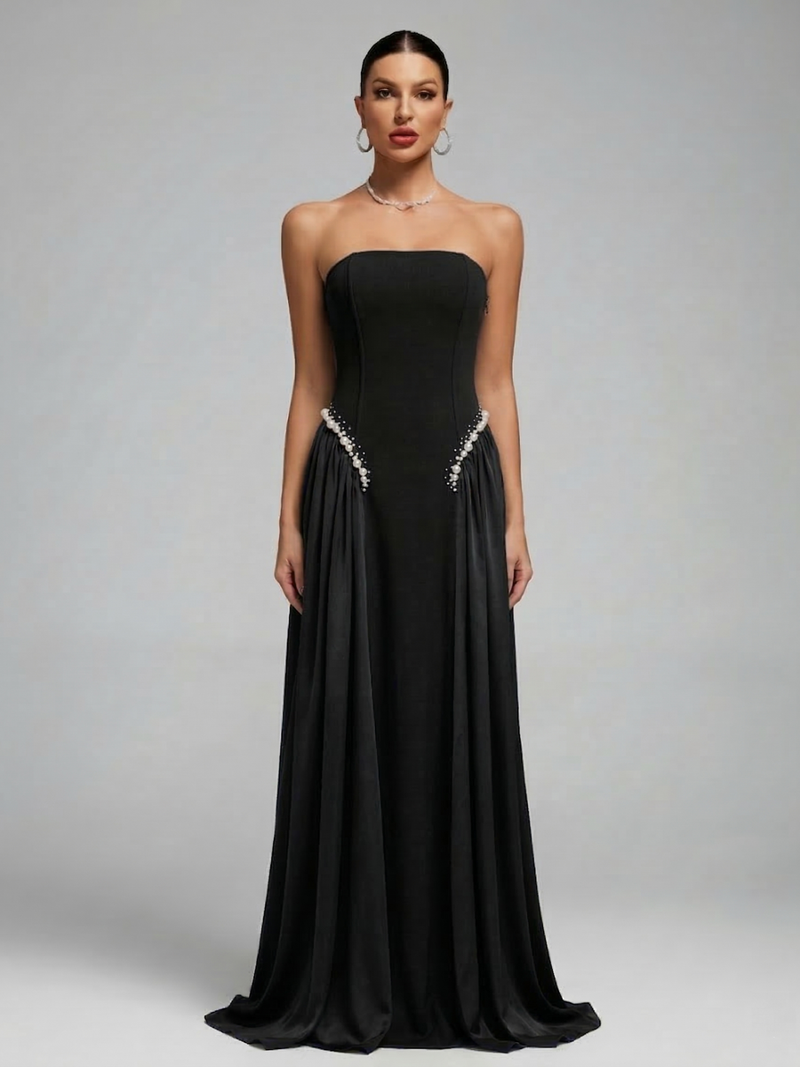 Pearl-Embellished Strapless Girdle Maxi Dress