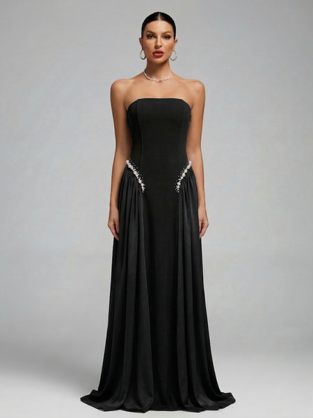 Pearl-Embellished Strapless Girdle Maxi Dress
