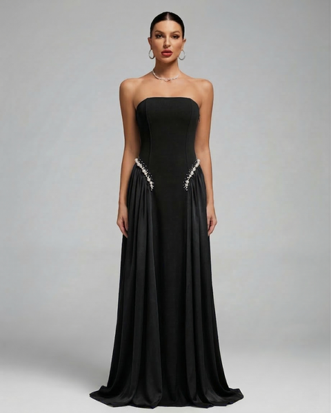 Pearl-Embellished Strapless Girdle Maxi Dress