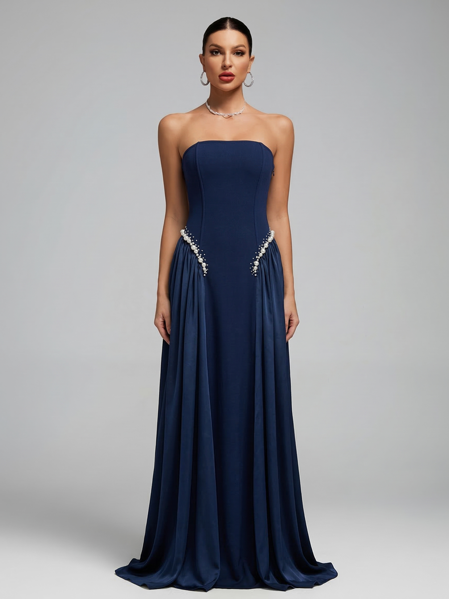 Pearl-Embellished Strapless Girdle Maxi Dress