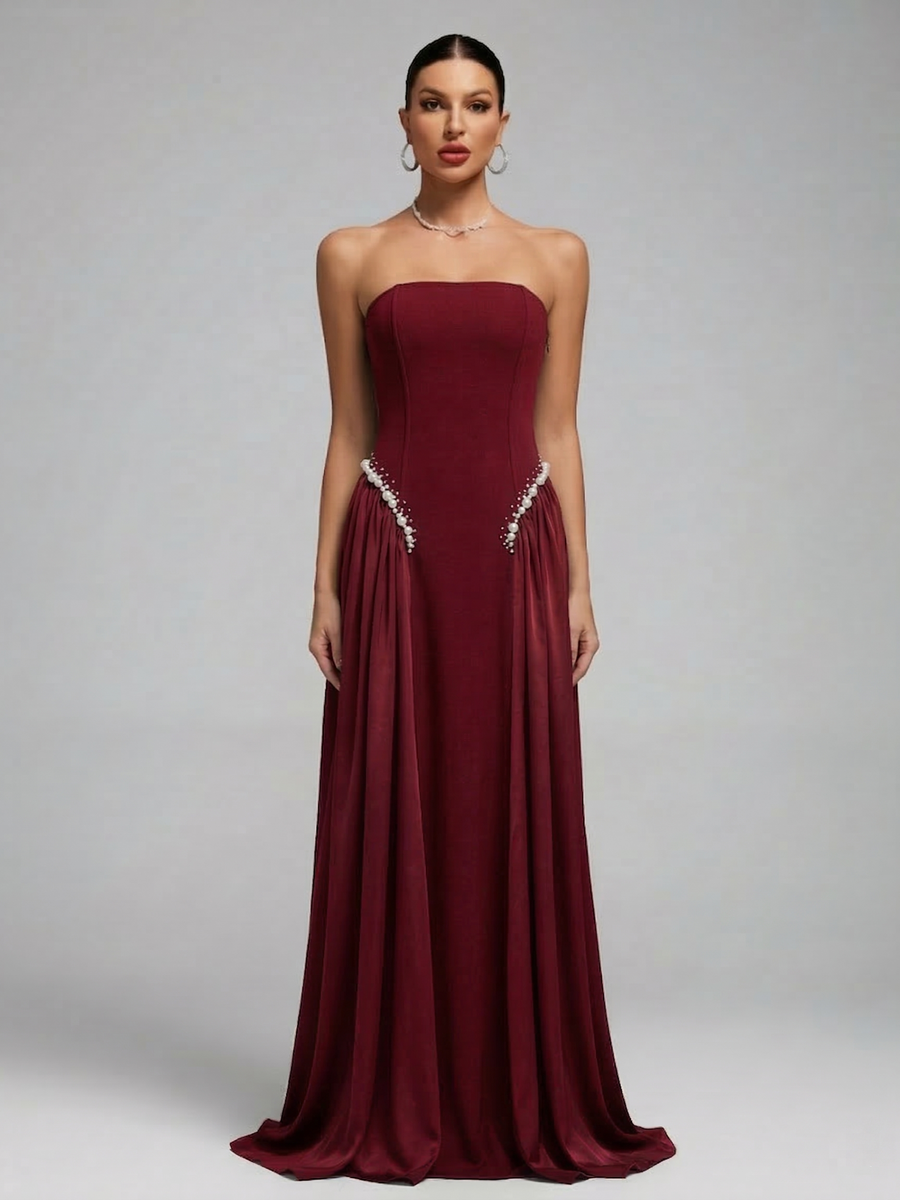 Pearl-Embellished Strapless Girdle Maxi Dress