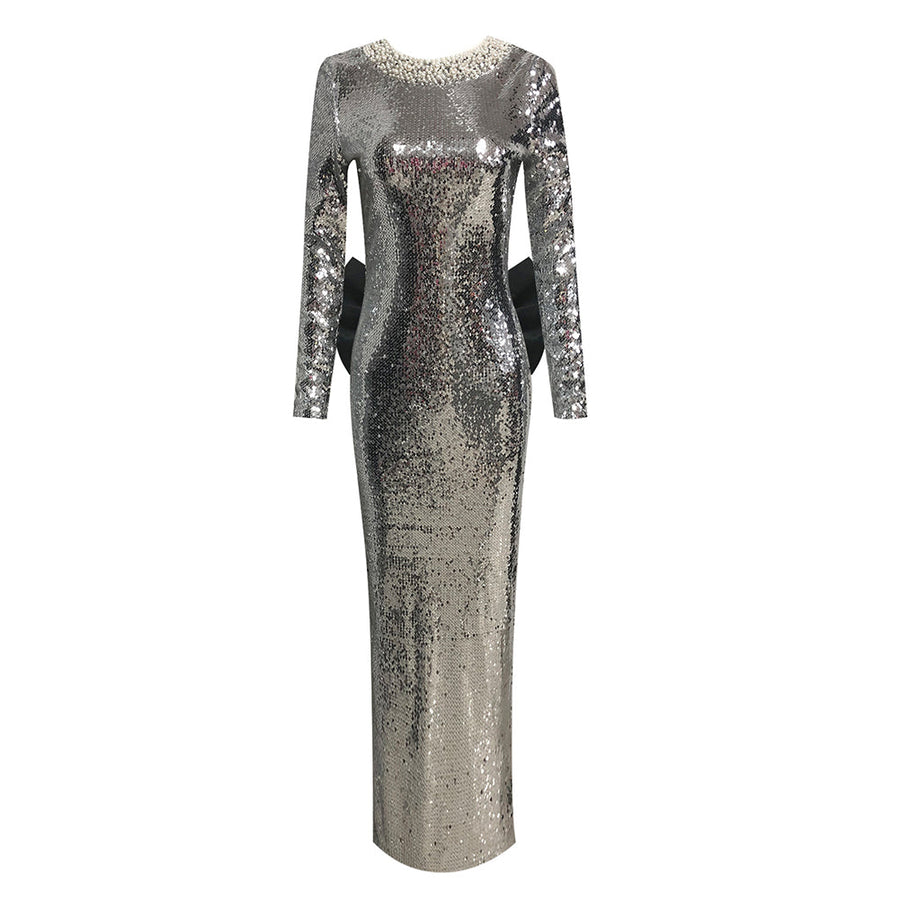 Bowknot Pearl Sequined Maxi Dress