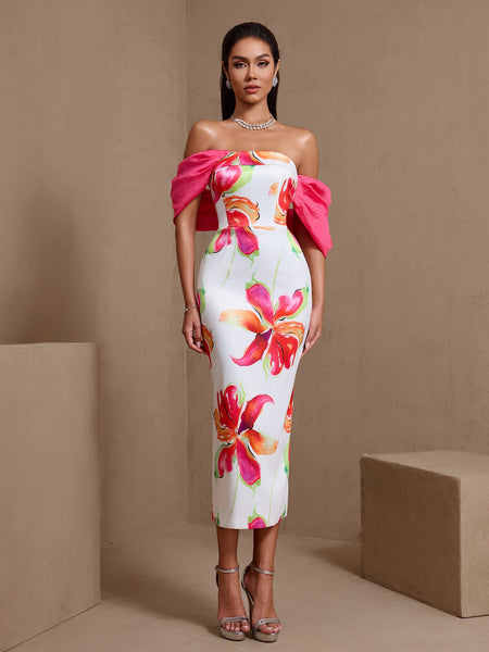 Off Shoulder Printed Matte Satin Dress