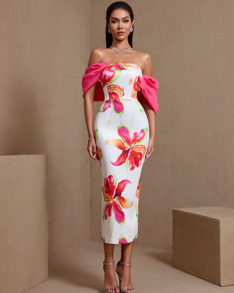Off Shoulder Printed Matte Satin Dress