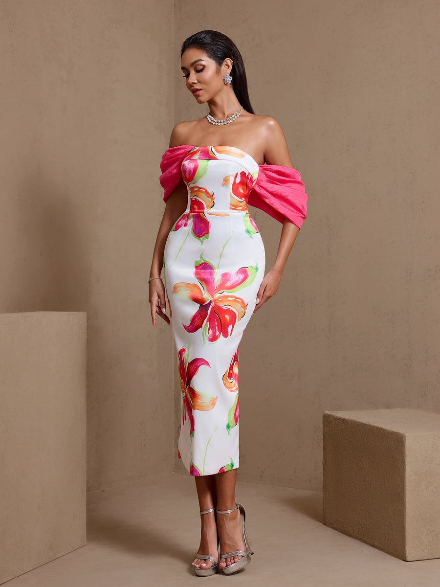 Off Shoulder Printed Matte Satin Dress