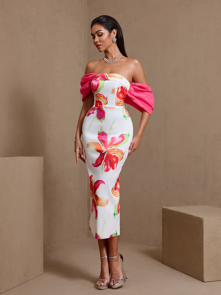 Off Shoulder Printed Matte Satin Dress