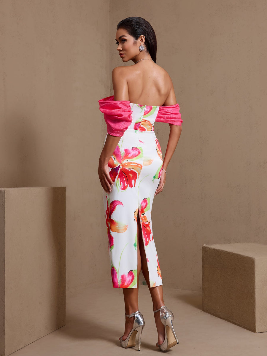 Off Shoulder Printed Matte Satin Dress