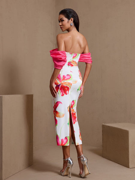 Off Shoulder Printed Matte Satin Dress