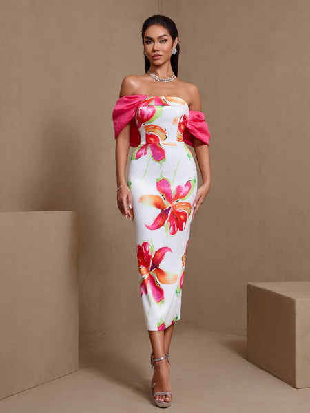 Off Shoulder Printed Matte Satin Dress