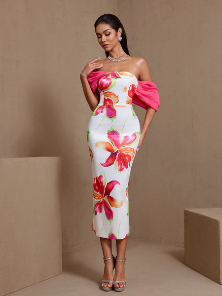 Off Shoulder Printed Matte Satin Dress