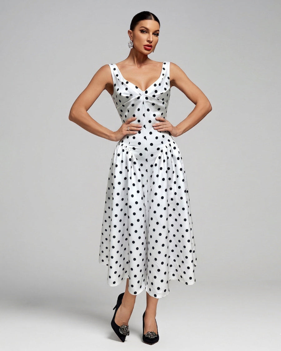 Darcy Capri — Strappy Polka Dots Girdle Midi Dress