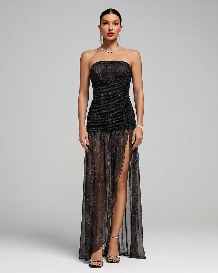 Finley Capri — Strapless High-Slit Rhinestone Mesh Dress