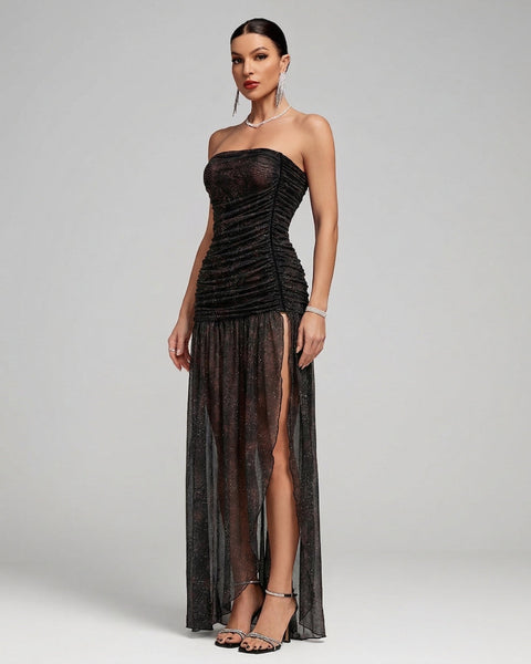 Trägerloses Mesh-Kleid mit hohem Schlitz und Strasssteinen