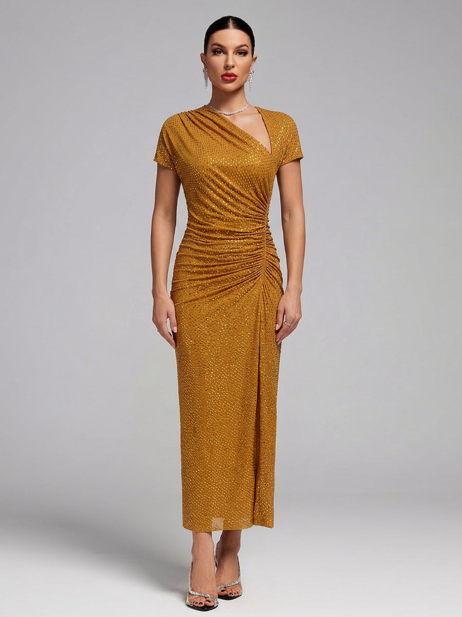 Asymmetrisches gerafftes Strass-Mesh-Kleid