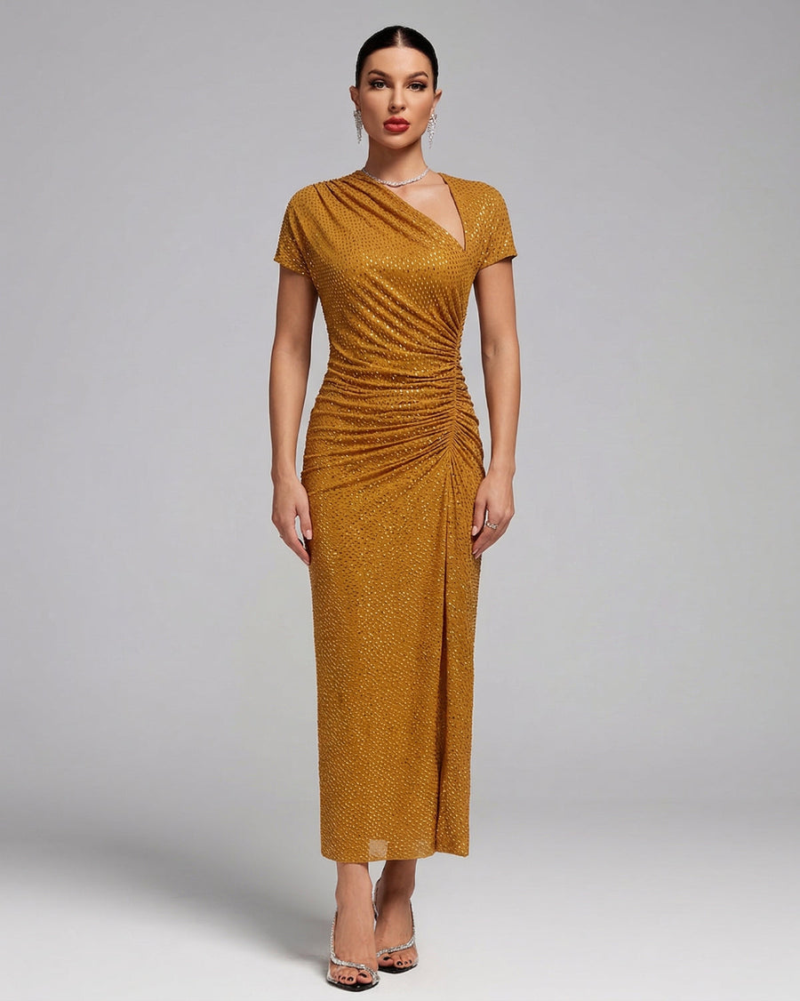 Ellis Capri — Asymmetric Ruched Rhinestone Mesh Dress