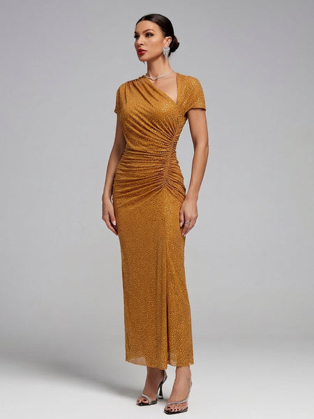 Asymmetrisches gerafftes Strass-Mesh-Kleid