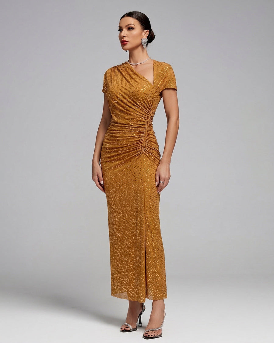 Ellis Capri — Asymmetric Ruched Rhinestone Mesh Dress, alternate view 2