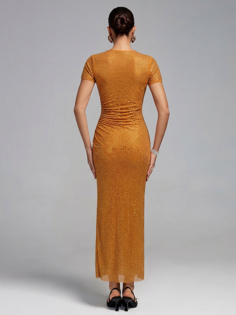 Asymmetrisches gerafftes Strass-Mesh-Kleid