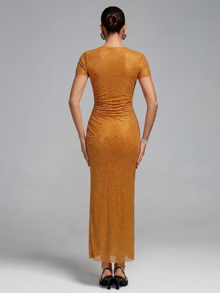 Asymmetrisches gerafftes Strass-Mesh-Kleid