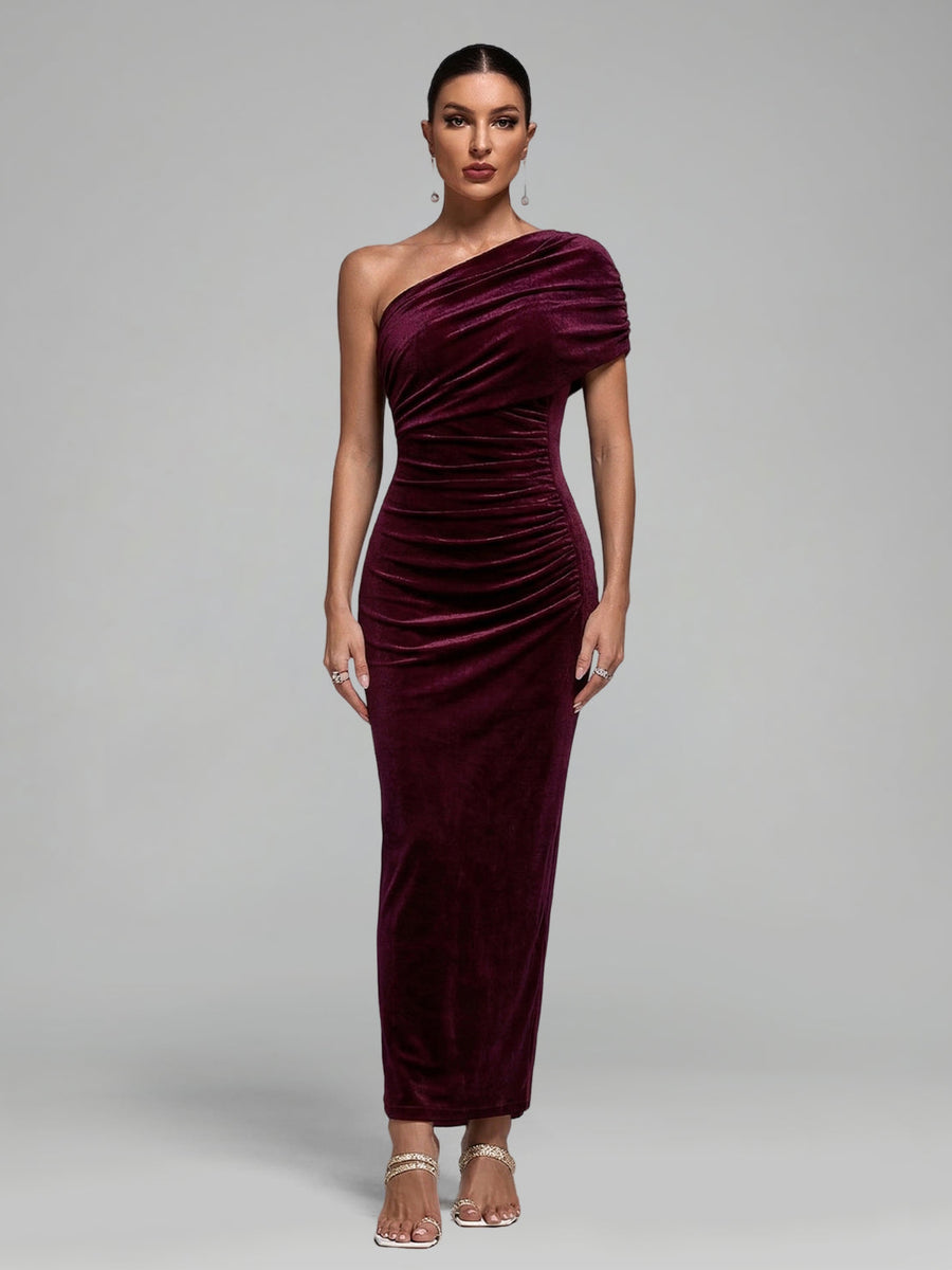Maxikleid mit schräger Schulter und Raffungen
