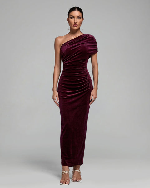 Maxikleid mit schräger Schulter und Raffungen