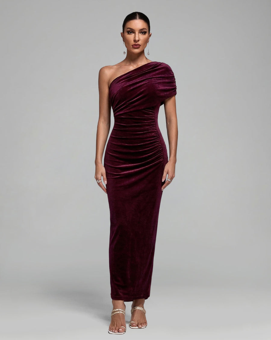 Aster Capri — Slanted Shoulder Ruched Maxi Dress