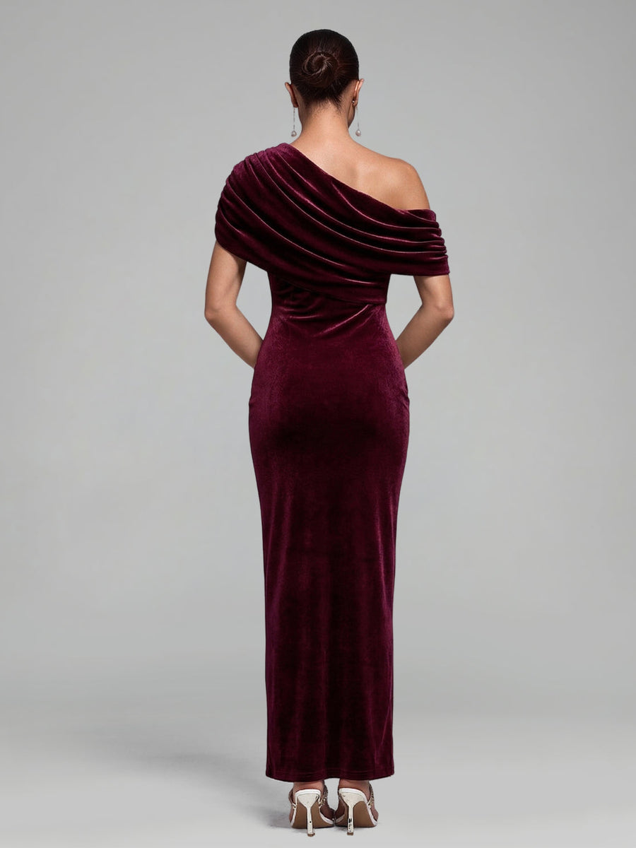 Maxikleid mit schräger Schulter und Raffungen