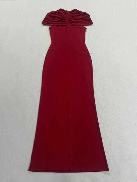 Hochgeschlossenes, gerafftes, eng anliegendes Maxikleid