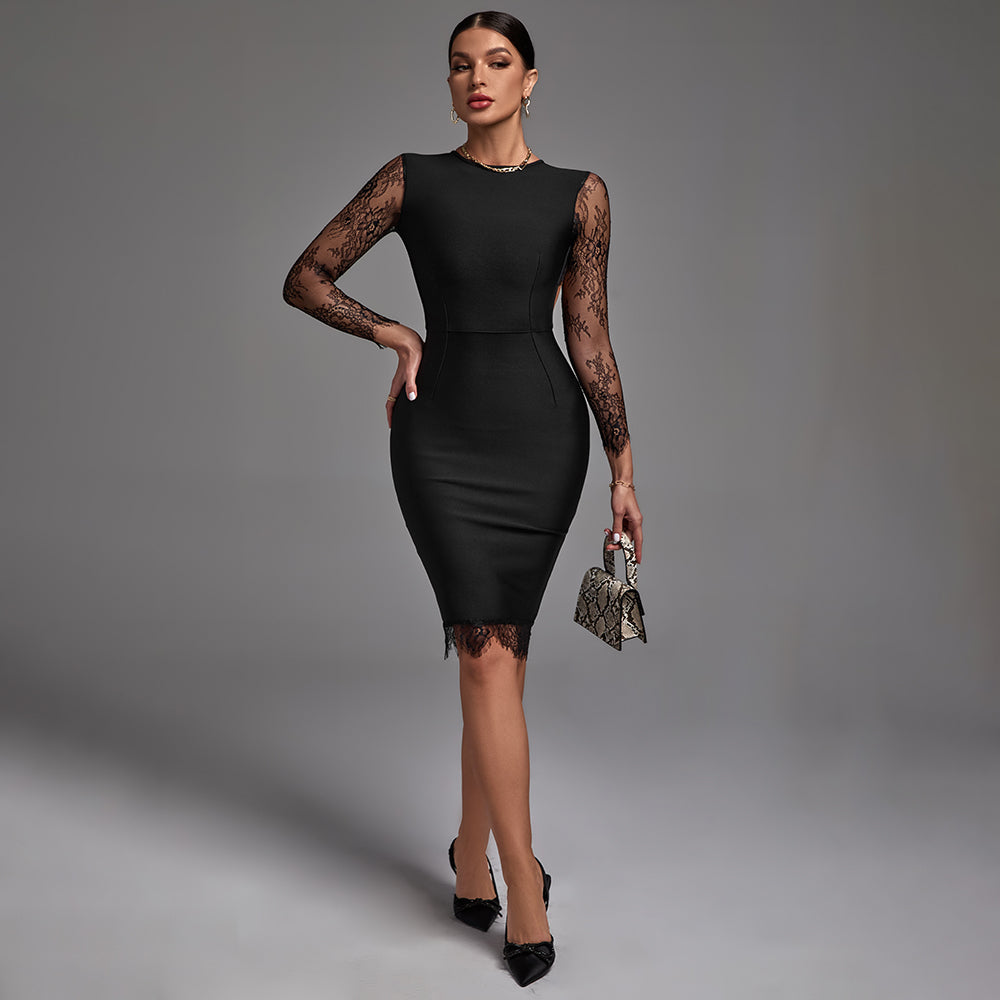 Natalia Delacroix — Round Neck Long Sleeve Lace Midi Bandage Dress, alternate view 3