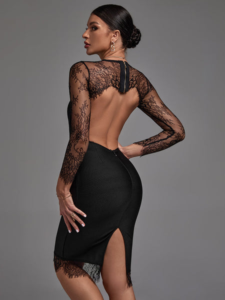 Round Neck Long Sleeve Lace Midi Bandage Dress