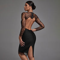 Natalia Delacroix — Round Neck Long Sleeve Lace Midi Bandage Dress