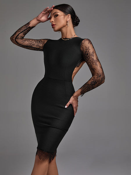 Round Neck Long Sleeve Lace Midi Bandage Dress