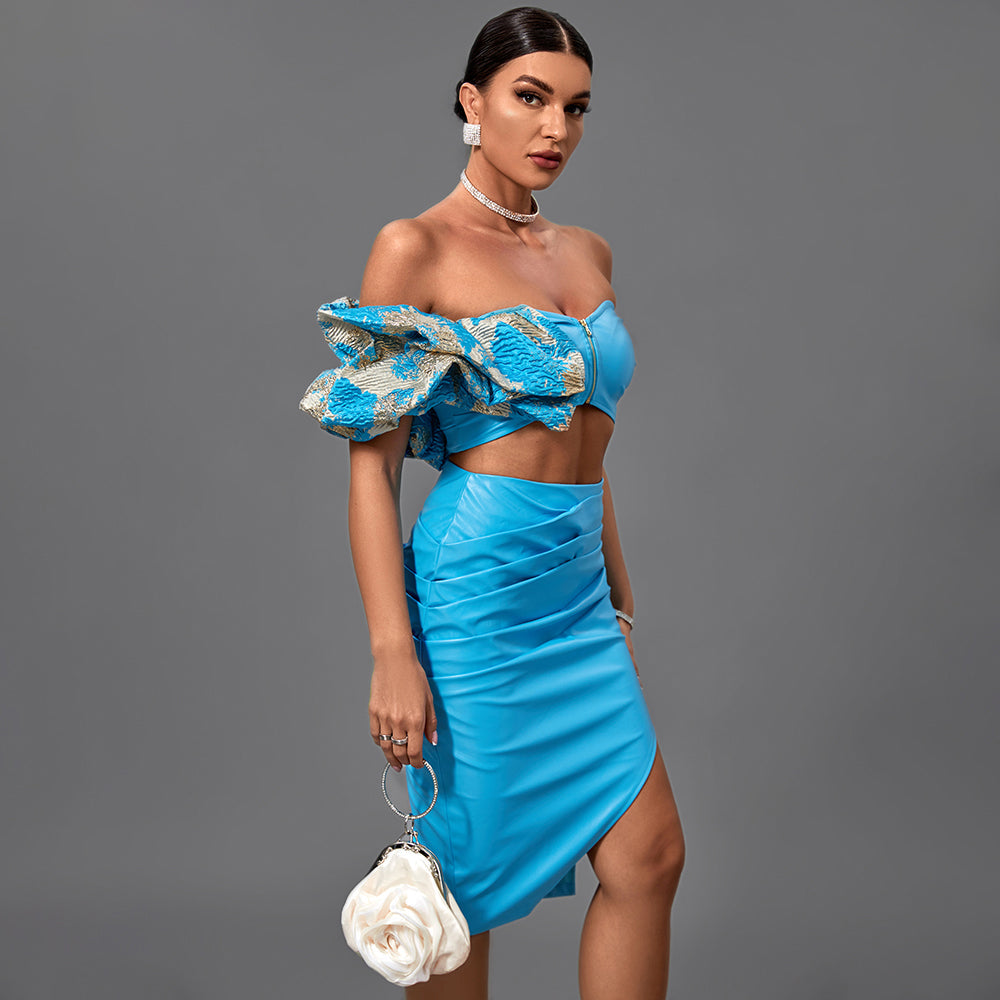 Noa Marceau — Asymmetric Short Sleeve Hook and Loop Set Focused on Shaping Blue Tailored Shorts