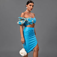 Noa Marceau — Asymmetric Short Sleeve Hook and Loop Set Focused on Shaping Blue Tailored Shorts