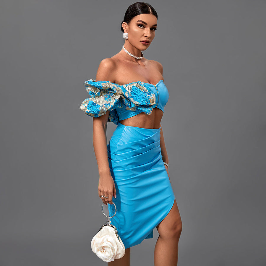 Noa Marceau — Asymmetric Short Sleeve Hook and Loop Set Focused on Shaping Blue Tailored Shorts