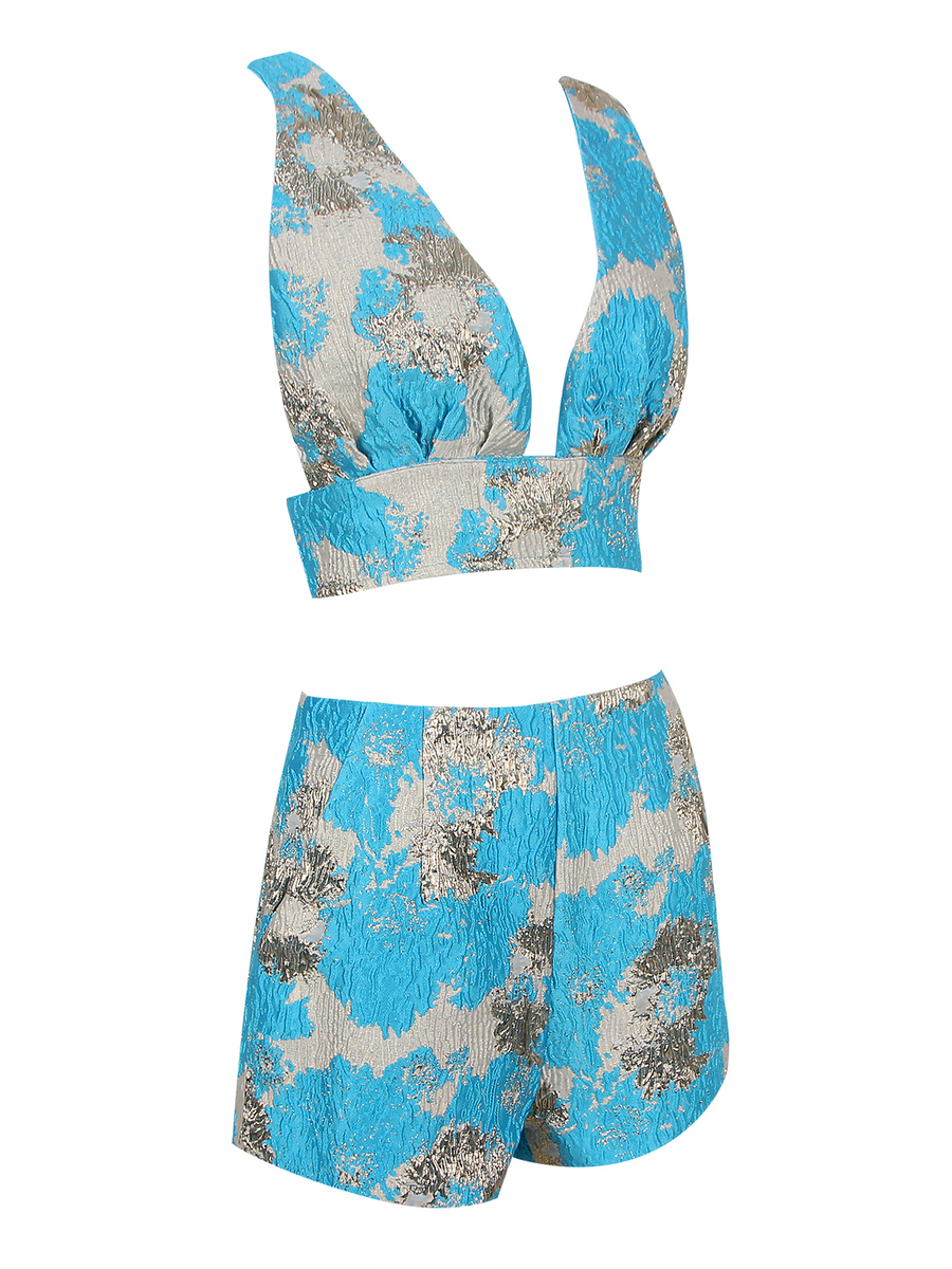 Elegant V-Neck Jacquard Shorts Set