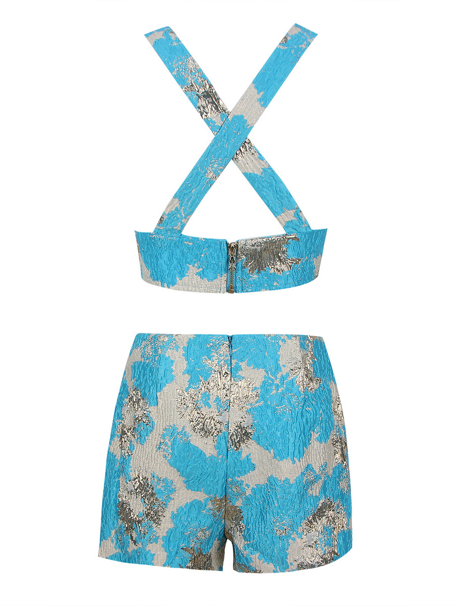 Elegant V-Neck Jacquard Shorts Set