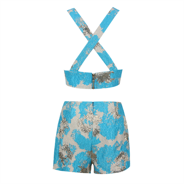 Elegant V-Neck Jacquard Shorts Set