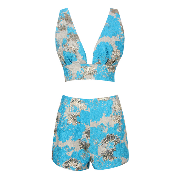 Elegant V-Neck Jacquard Shorts Set
