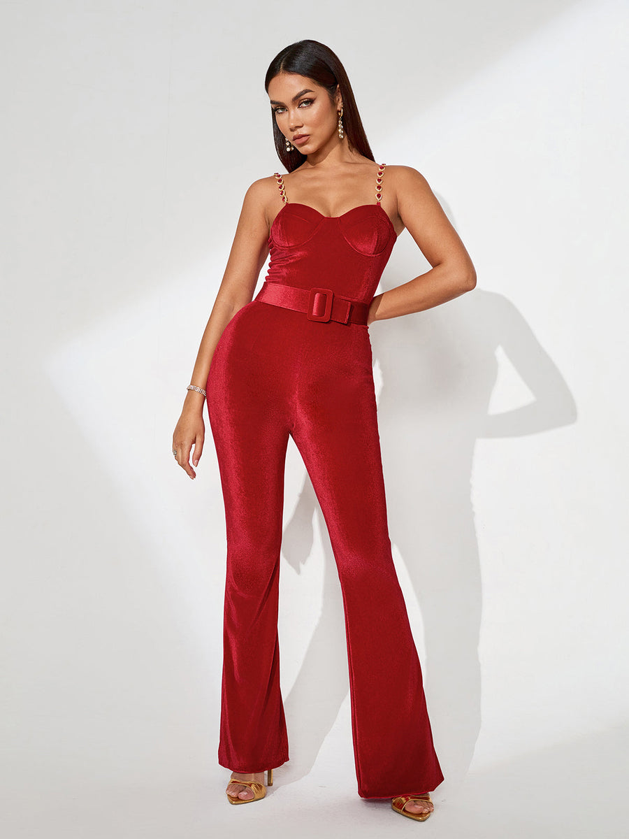 Harley Red Velvet Jumpsuit with Elegant Belt