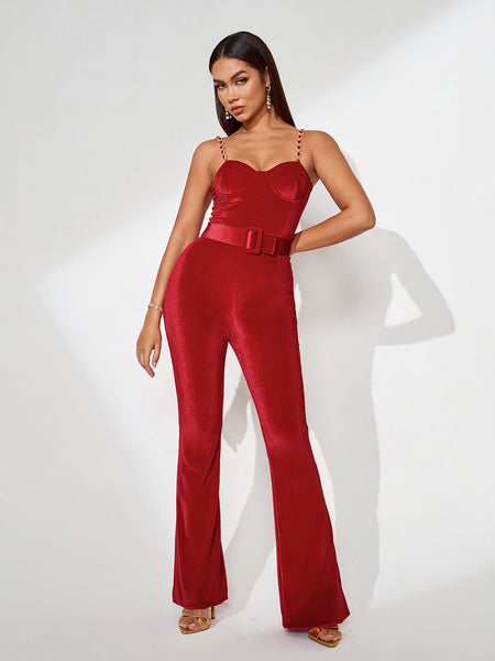 Harley Red Velvet Jumpsuit with Elegant Belt