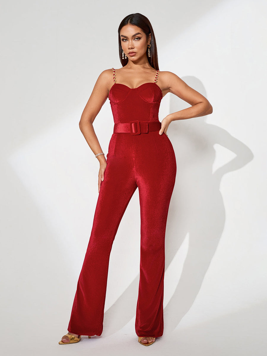 Harley Red Velvet Jumpsuit with Elegant Belt